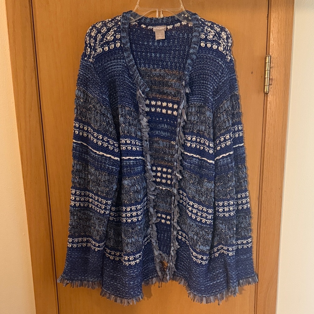 Chico’s Women’s Open Front Fringe Blazer Jacket Blue White Size XL (3)